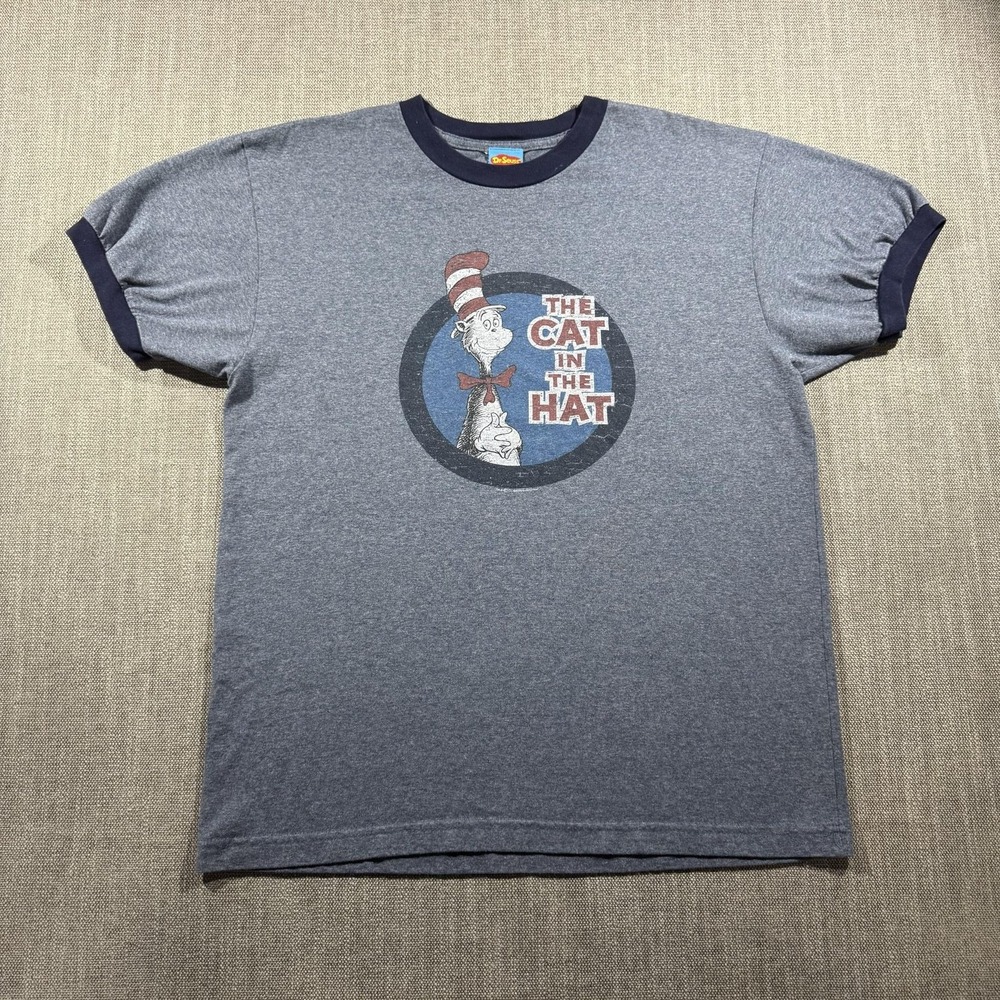 Dr. Seuss Shirt Mens Large Gray Cat In The Hat Graphic Ringer Tee Cartoon